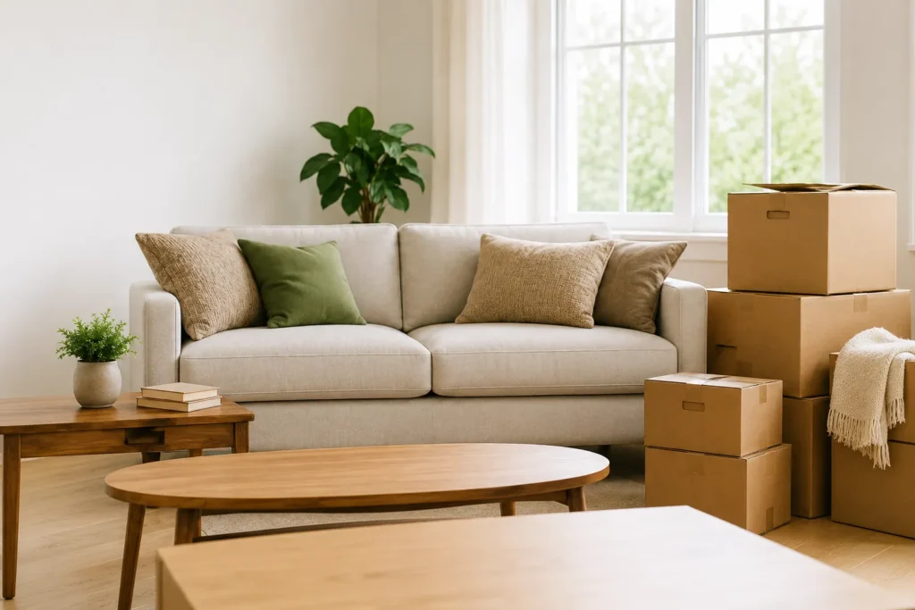 Living room with furniture and moving boxes